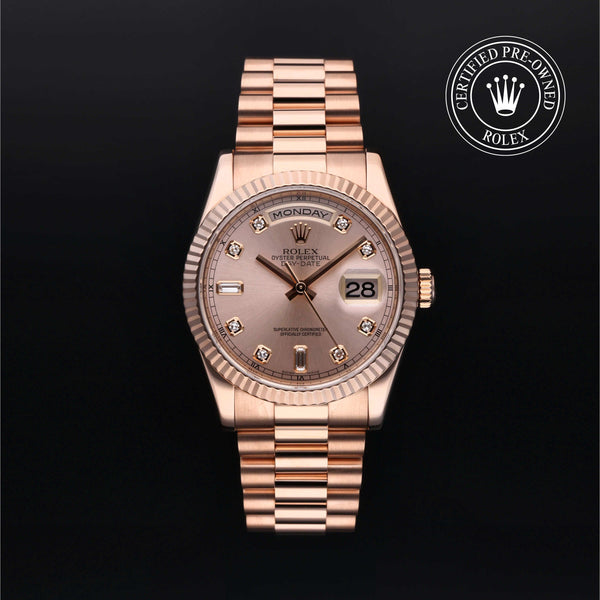 Rolex Certified Pre-Owned Day-Date in President, 36 mm, 18k rose gold 118235 watch available at Long's Jewelers.