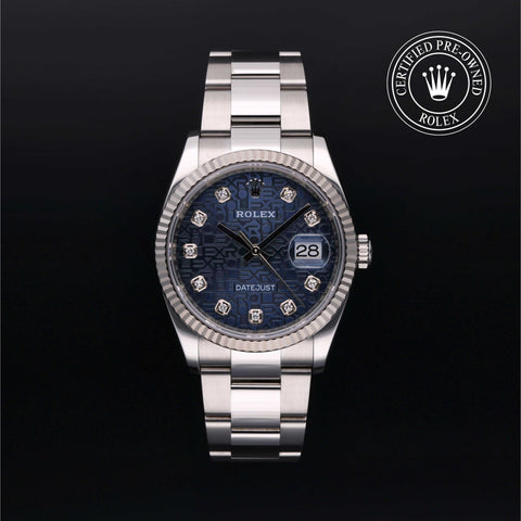 Rolex Certified Pre-Owned Datejust in Oyster, 36 mm, Stainless Steel and white gold 126234 watch available at Long's Jewelers.