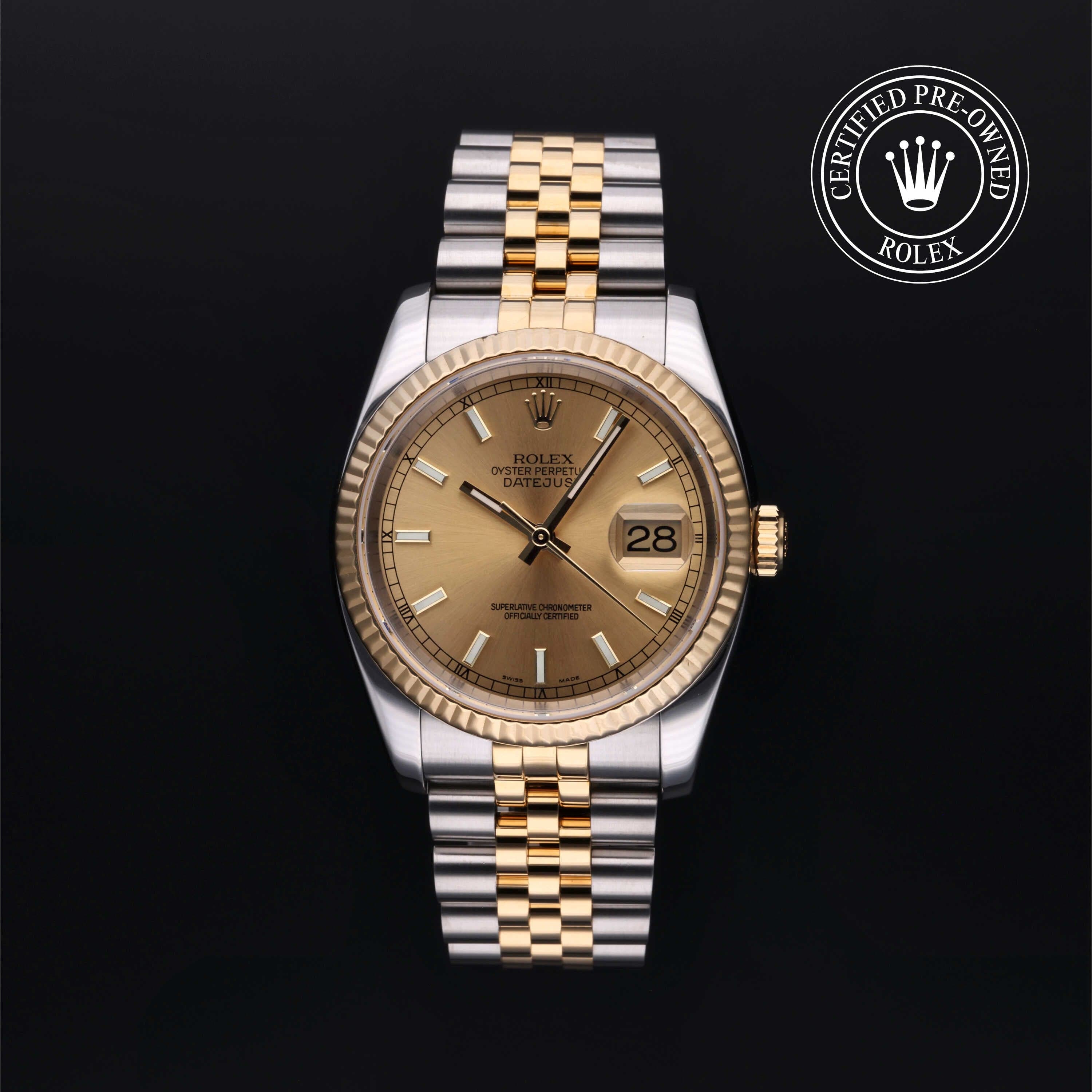 Rolex Certified Pre-Owned Datejust in Jubilee, 36 mm, Stainless Steel and yellow gold 116233 watch available at Long's Jewelers.