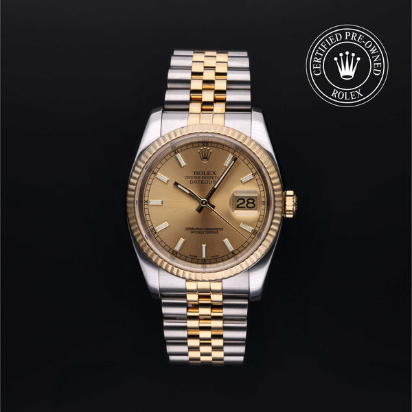 Rolex Certified Pre-Owned Datejust in Jubilee, 36 mm, Stainless Steel and yellow gold 116233 watch available at Long's Jewelers.