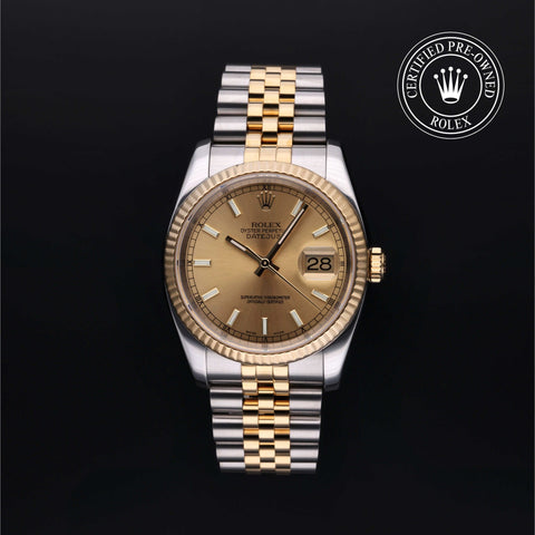 Rolex Certified Pre-Owned Datejust in Jubilee, 36 mm, Stainless Steel and yellow gold 116233 watch available at Long's Jewelers.