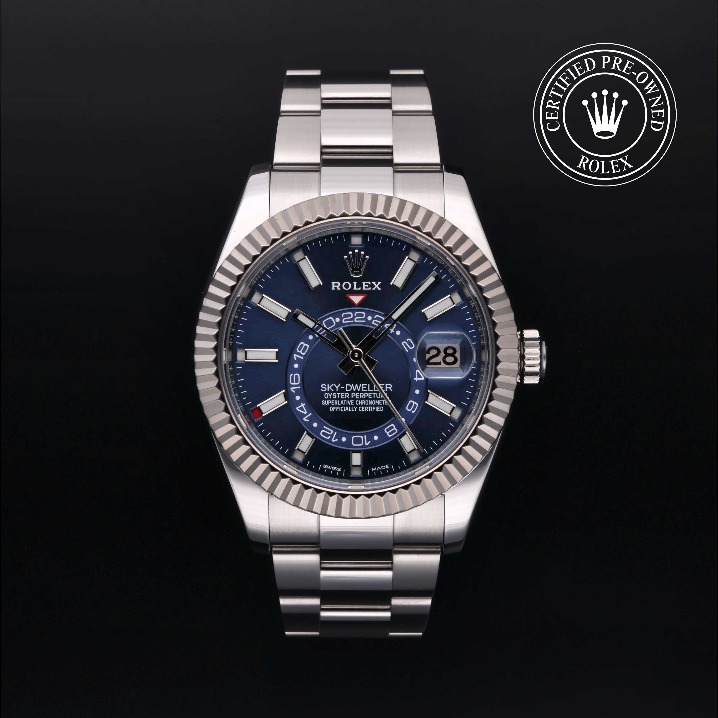 Rolex Certified Pre-Owned Sky-Dweller in Oyster, 42 mm, Stainless Steel and White Gold 326934 watch available at Long's Jewelers.