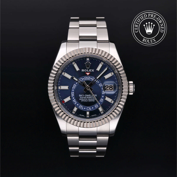 Rolex Certified Pre-Owned Sky-Dweller in Oyster, 42 mm, Stainless Steel and White Gold 326934 watch available at Long's Jewelers.