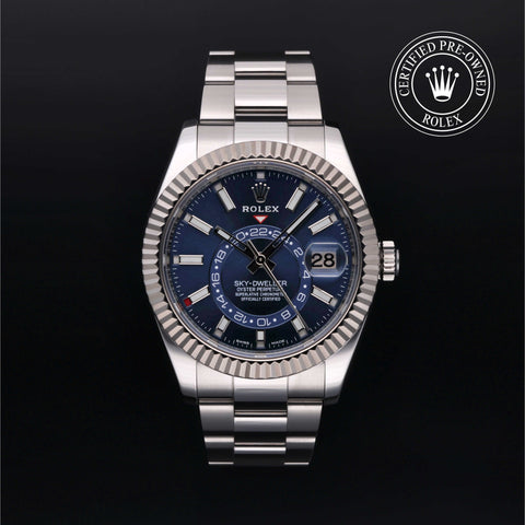 Rolex Certified Pre-Owned Sky-Dweller in Oyster, 42 mm, Stainless Steel and White Gold 326934 watch available at Long's Jewelers.