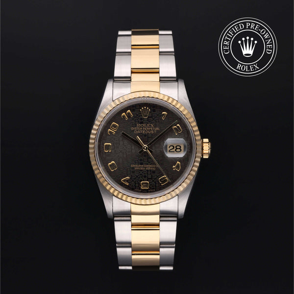 Rolex Certified Pre-Owned Datejust in Oyster, 36 mm, Stainless Steel and yellow gold 16233 watch available at Long's Jewelers.