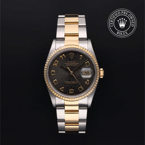 Rolex Certified Pre-Owned Datejust in Oyster, 36 mm, Stainless Steel and yellow gold 16233 watch available at Long's Jewelers.