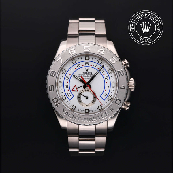 Rolex Certified Pre-Owned Yacht-Master II in Oyster, 44 mm, 18k white gold and platinum 116689 watch available at Long's Jewelers.