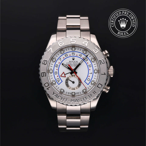 Rolex Certified Pre-Owned Yacht-Master II in Oyster, 44 mm, 18k white gold and platinum 116689 watch available at Long's Jewelers.