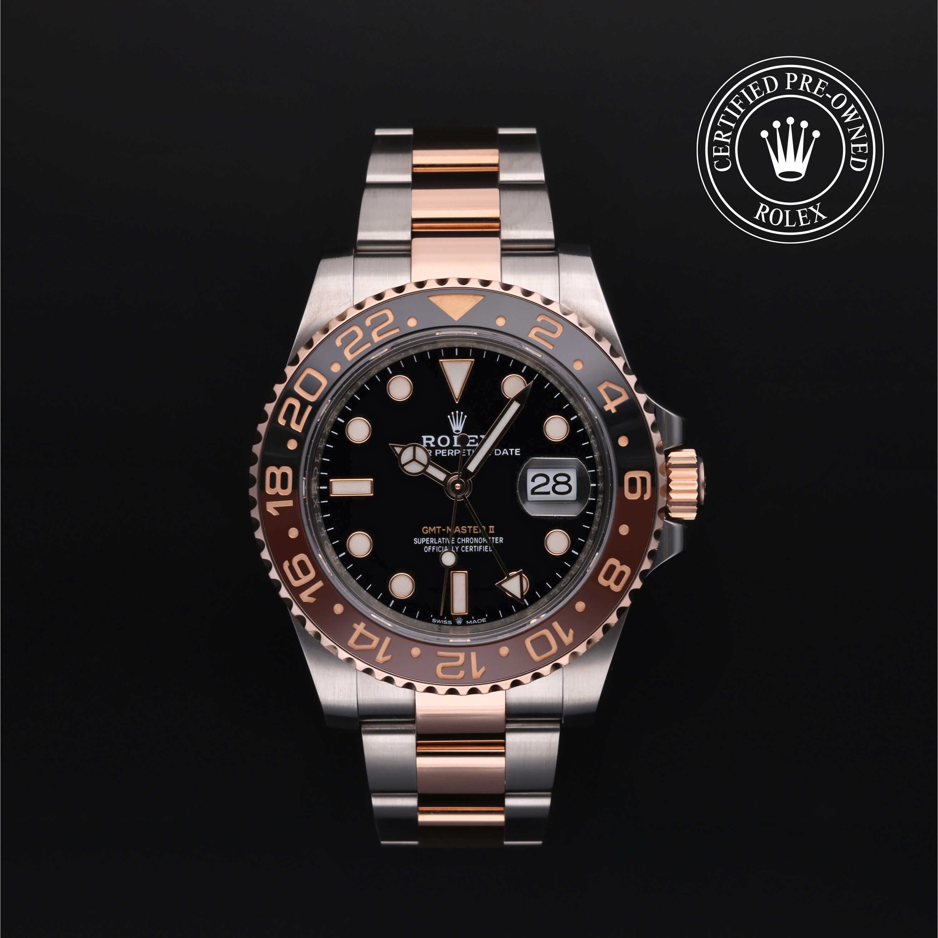 Rolex Certified Pre-Owned GMT Master II in Oyster, 40 mm, Stainless Steel and rose gold 126711CHNR watch available at Long's Jewelers.