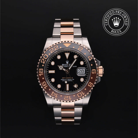 Rolex Certified Pre-Owned GMT Master II in Oyster, 40 mm, Stainless Steel and rose gold 126711CHNR watch available at Long's Jewelers.