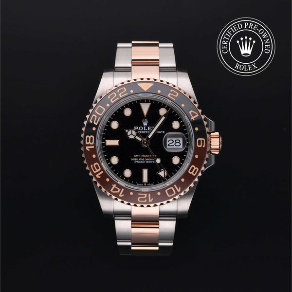 Rolex Certified Pre-Owned GMT Master II in Oyster, 40 mm, Stainless Steel and rose gold 126711CHNR watch available at Long's Jewelers.