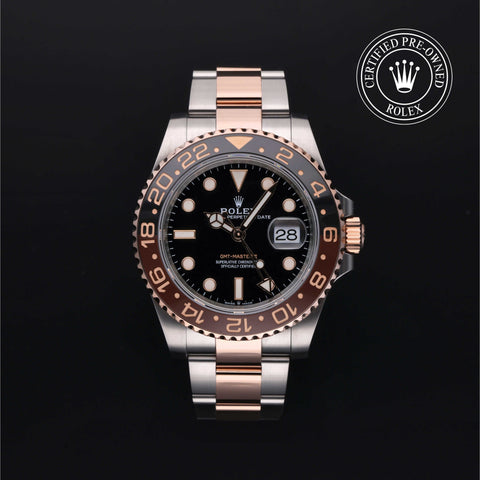 Rolex Certified Pre-Owned GMT Master II in Oyster, 40 mm, Stainless Steel and rose gold 126711CHNR watch available at Long's Jewelers.