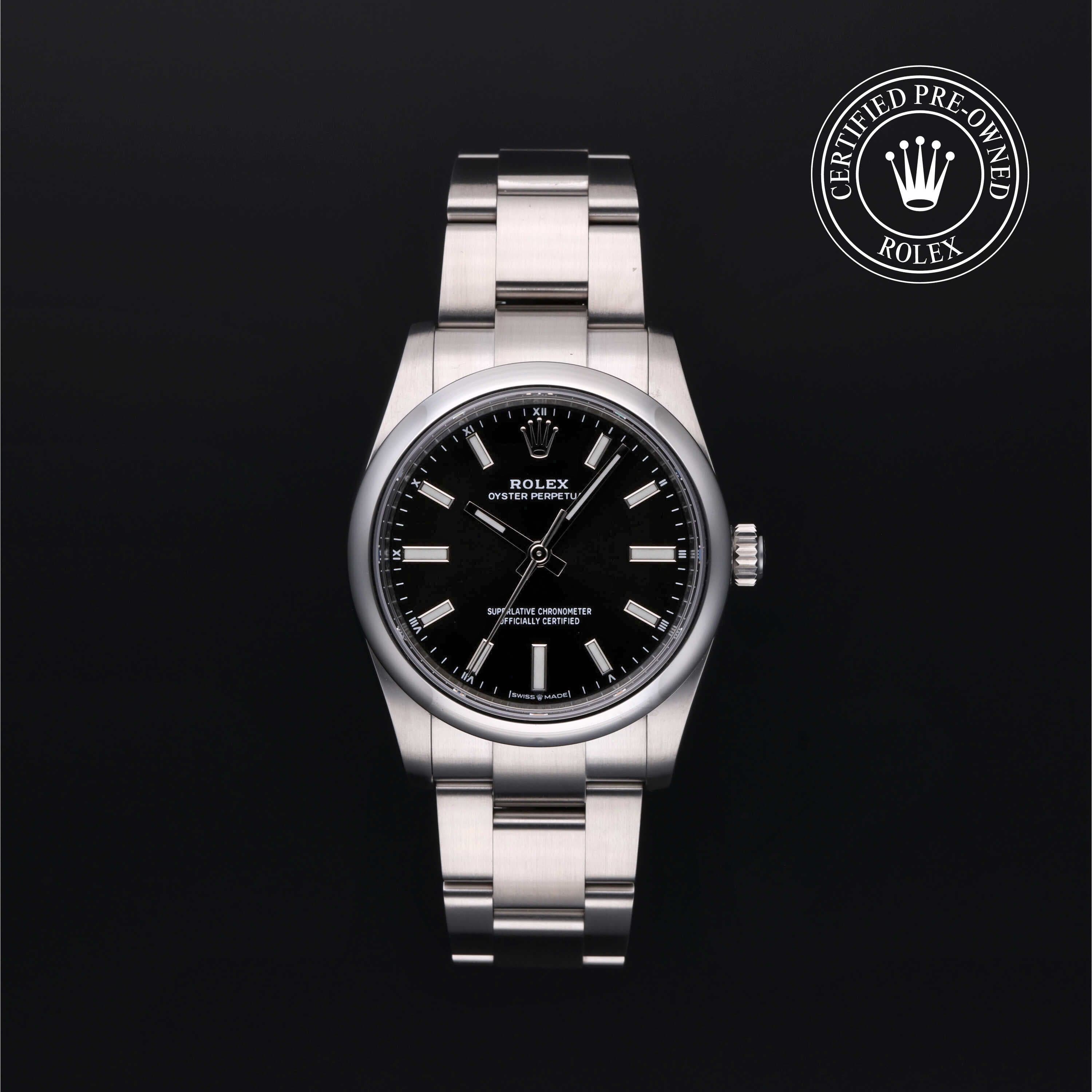 Rolex Certified Pre-Owned Oyster Perpetual in Oyster, 34 mm, Stainless Steel 124200 watch available at Long's Jewelers.