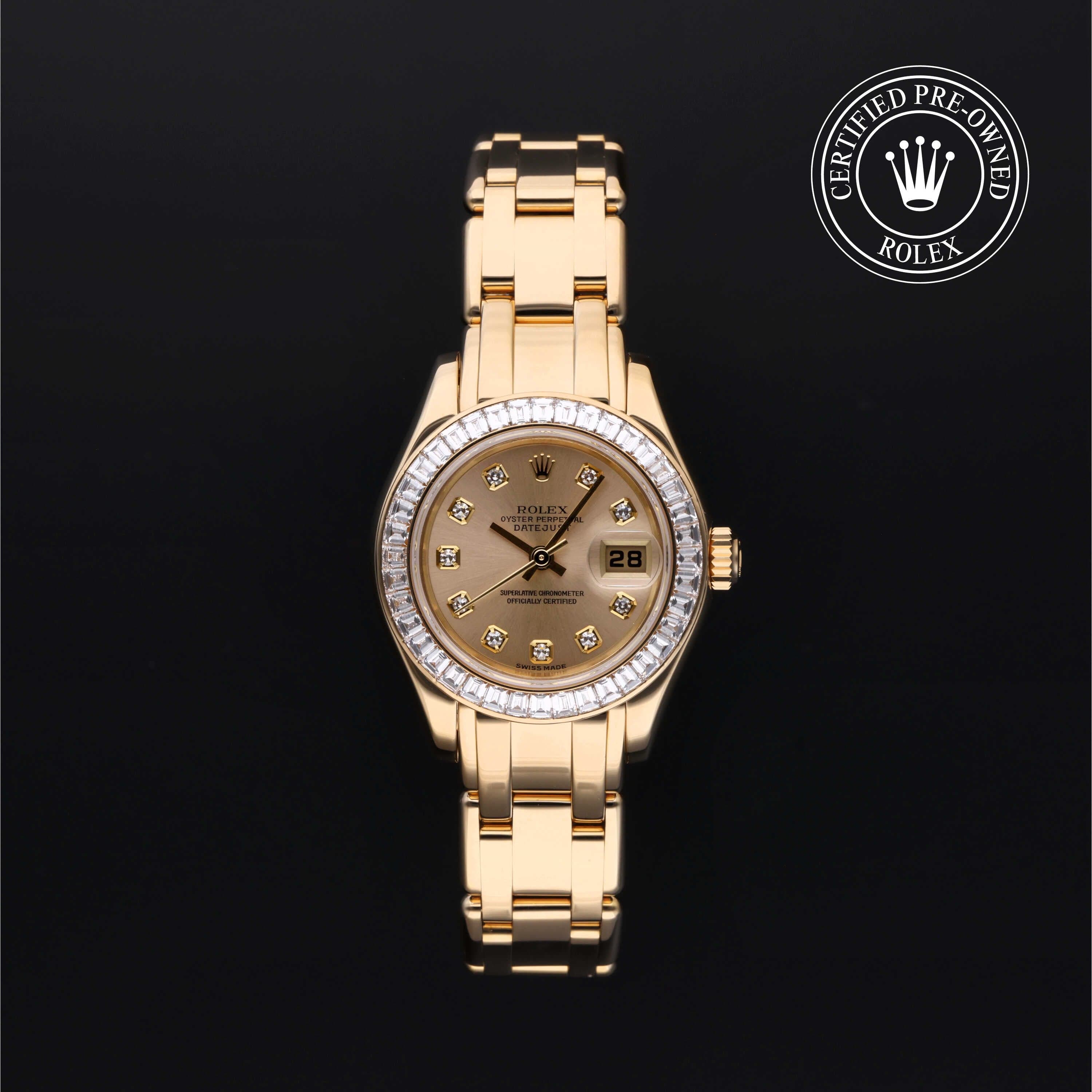 Rolex Certified Pre-Owned Datejust in Pearlmaster, 29 mm, 18k yellow gold 80308BR watch available at Long's Jewelers.