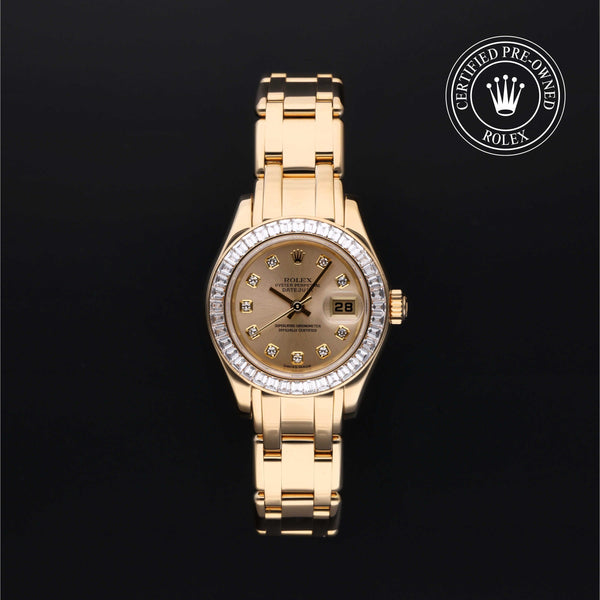 Rolex Certified Pre-Owned Datejust in Pearlmaster, 29 mm, 18k yellow gold 80308BR watch available at Long's Jewelers.