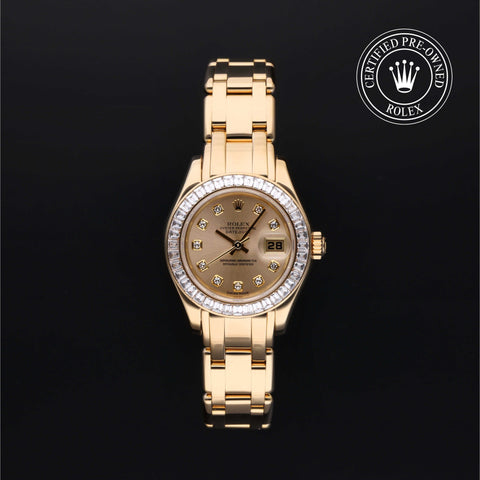 Rolex Certified Pre-Owned Datejust in Pearlmaster, 29 mm, 18k yellow gold 80308BR watch available at Long's Jewelers.
