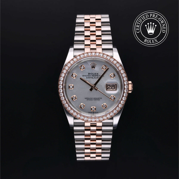 Rolex Certified Pre-Owned Datejust in Jubilee, 36 mm, Stainless Steel and rose gold 126281RBR watch available at Long's Jewelers.