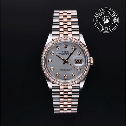 Rolex Certified Pre-Owned Datejust in Jubilee, 36 mm, Stainless Steel and rose gold 126281RBR watch available at Long's Jewelers.