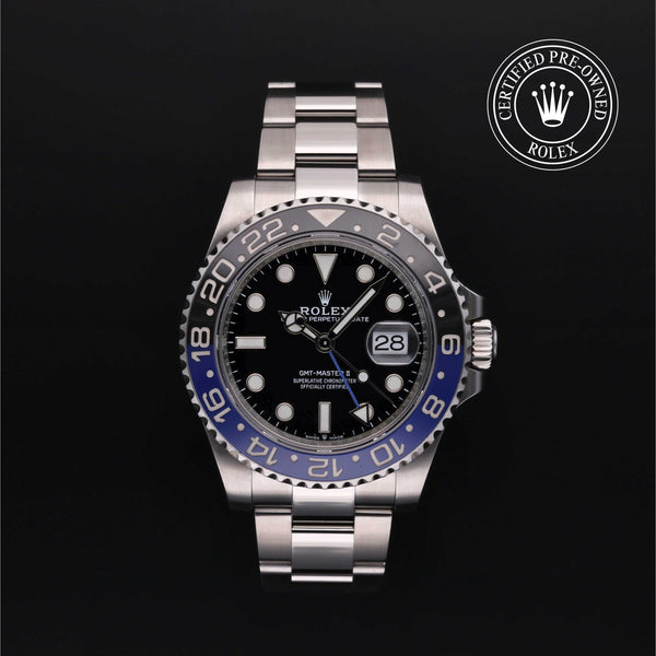 Rolex Certified Pre-Owned GMT Master II in Oyster, 40 mm, Stainless Steel 126710BLNR watch available at Long's Jewelers.