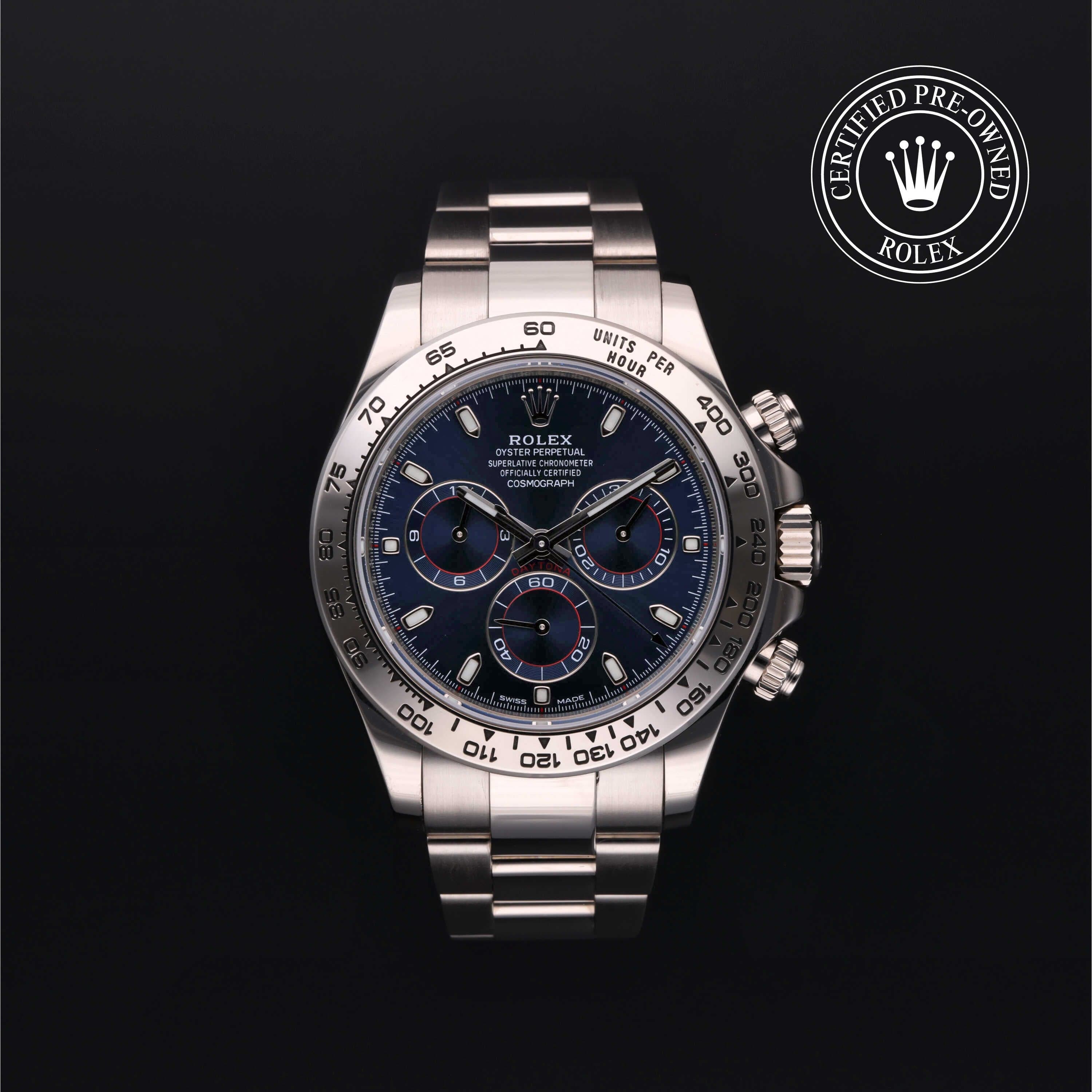 Rolex Certified Pre-Owned Cosmograph Daytona in Oyster, 40 mm, 18k white gold 116509 watch available at Long's Jewelers.