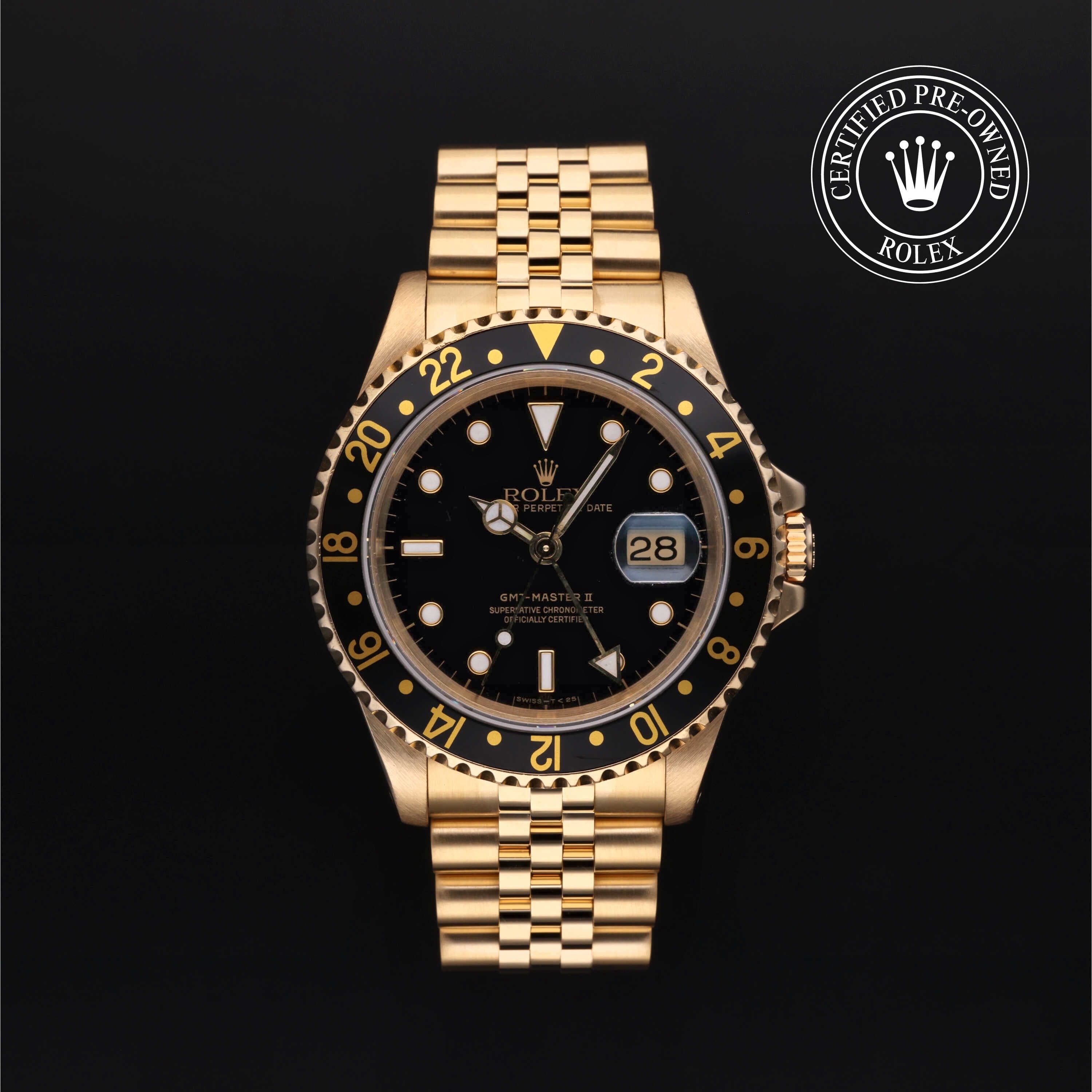Rolex Certified Pre-Owned GMT Master II in Jubilee, 40 mm, 18k yellow gold 16718LN watch available at Long's Jewelers.