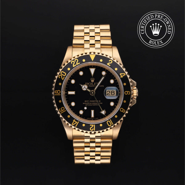 Rolex Certified Pre-Owned GMT Master II in Jubilee, 40 mm, 18k yellow gold 16718LN watch available at Long's Jewelers.
