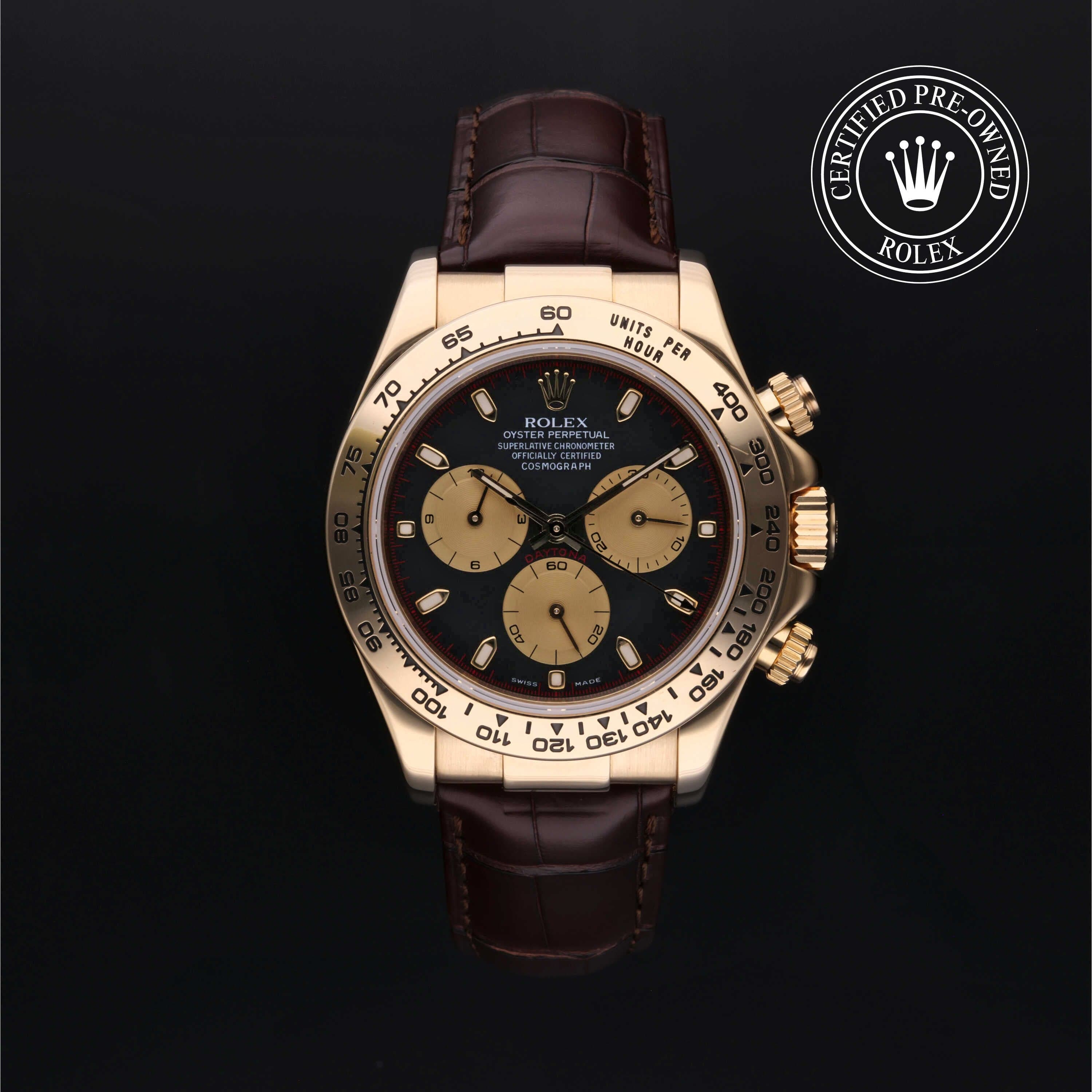 Rolex Certified Pre-Owned Cosmograph Daytona in Leather, 40 mm, 18k yellow gold 116518 watch available at Long's Jewelers.
