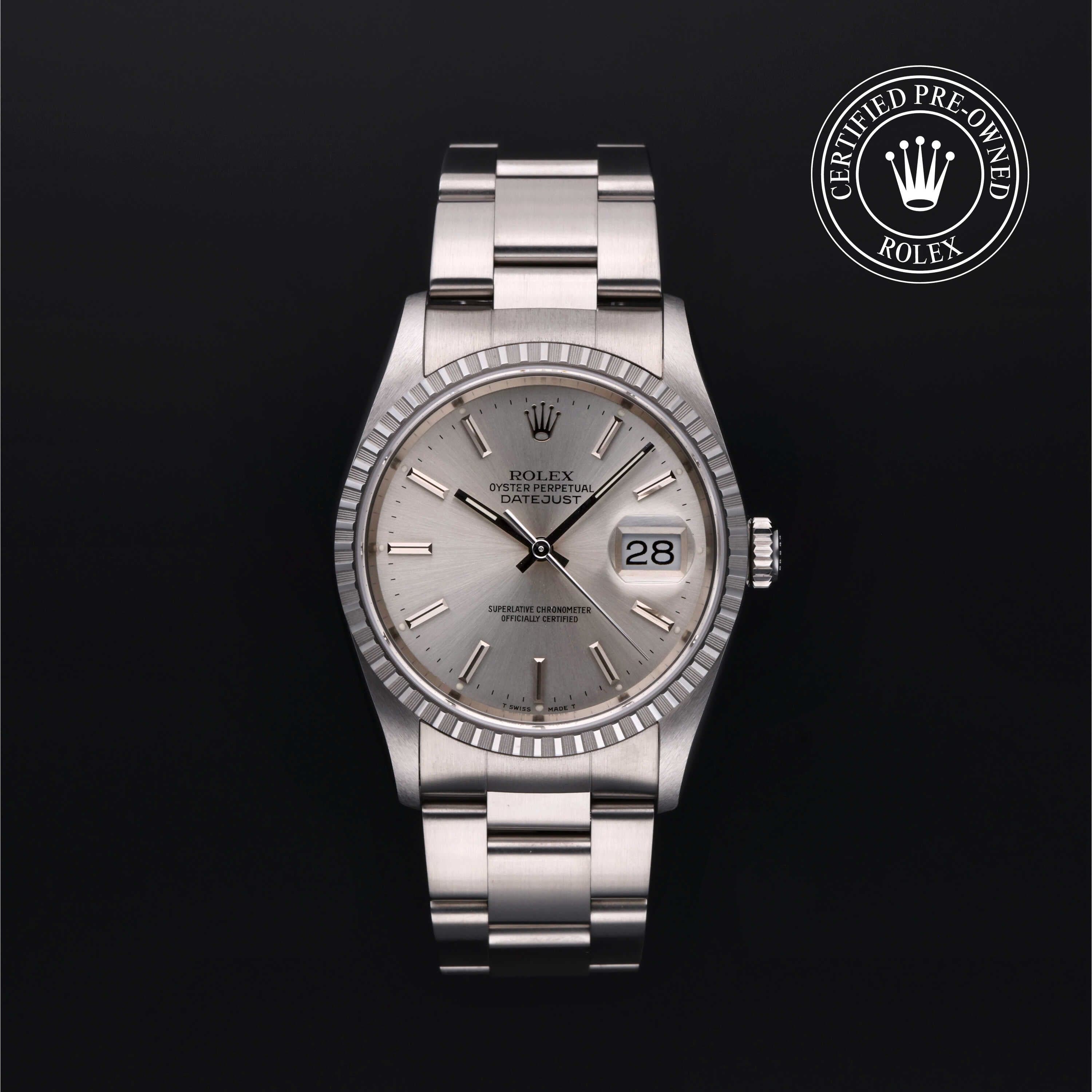 Rolex Certified Pre-Owned Datejust in Oyster, 36 mm, Stainless Steel 16220 watch available at Long's Jewelers.