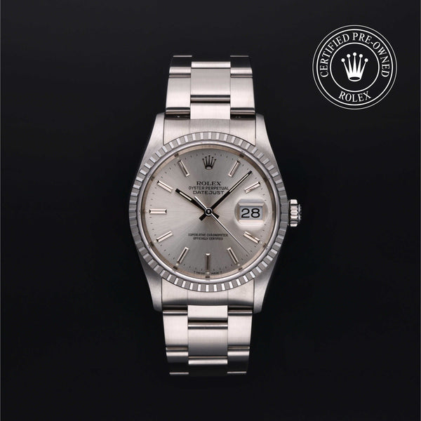 Rolex Certified Pre-Owned Datejust in Oyster, 36 mm, Stainless Steel 16220 watch available at Long's Jewelers.