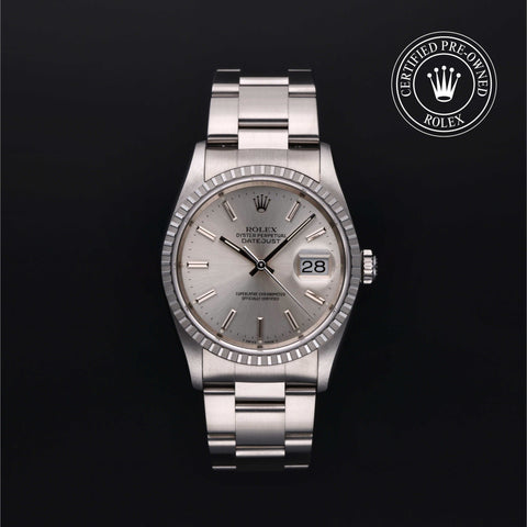 Rolex Certified Pre-Owned Datejust in Oyster, 36 mm, Stainless Steel 16220 watch available at Long's Jewelers.