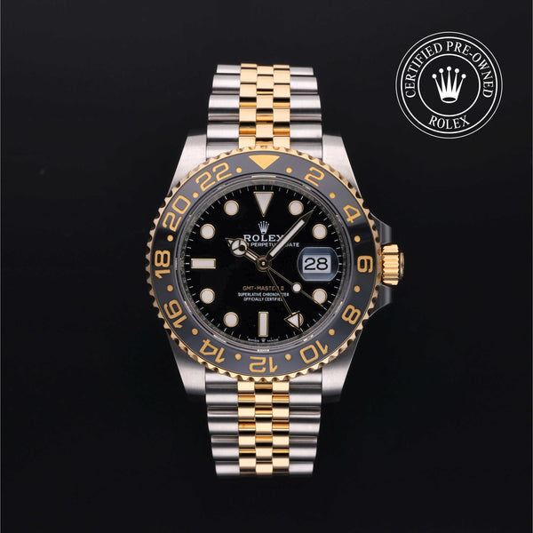 Rolex Certified Pre-Owned GMT Master II in Jubilee, 40 mm, Stainless Steel and yellow gold 126713GRNR watch available at Long's Jewelers.