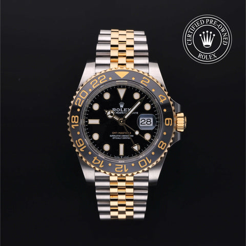 Rolex Certified Pre-Owned GMT Master II in Jubilee, 40 mm, Stainless Steel and yellow gold 126713GRNR watch available at Long's Jewelers.