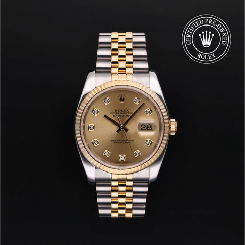 Rolex Certified Pre-Owned Datejust in Jubilee, 36 mm, Stainless Steel and yellow gold 116233 watch available at Long's Jewelers.