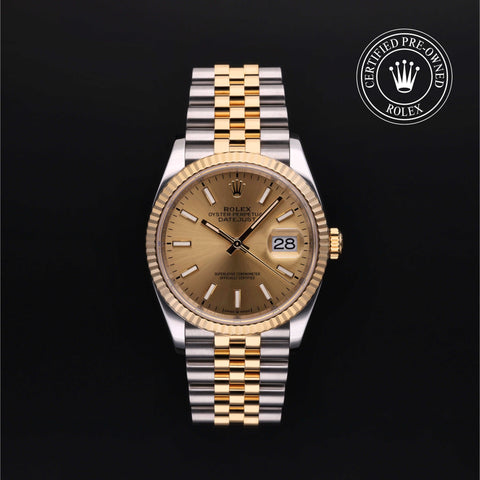 Rolex Certified Pre-Owned Datejust in Jubilee, 36 mm, Stainless Steel and 18k yellow gold 126233 watch available at Long's Jewelers.
