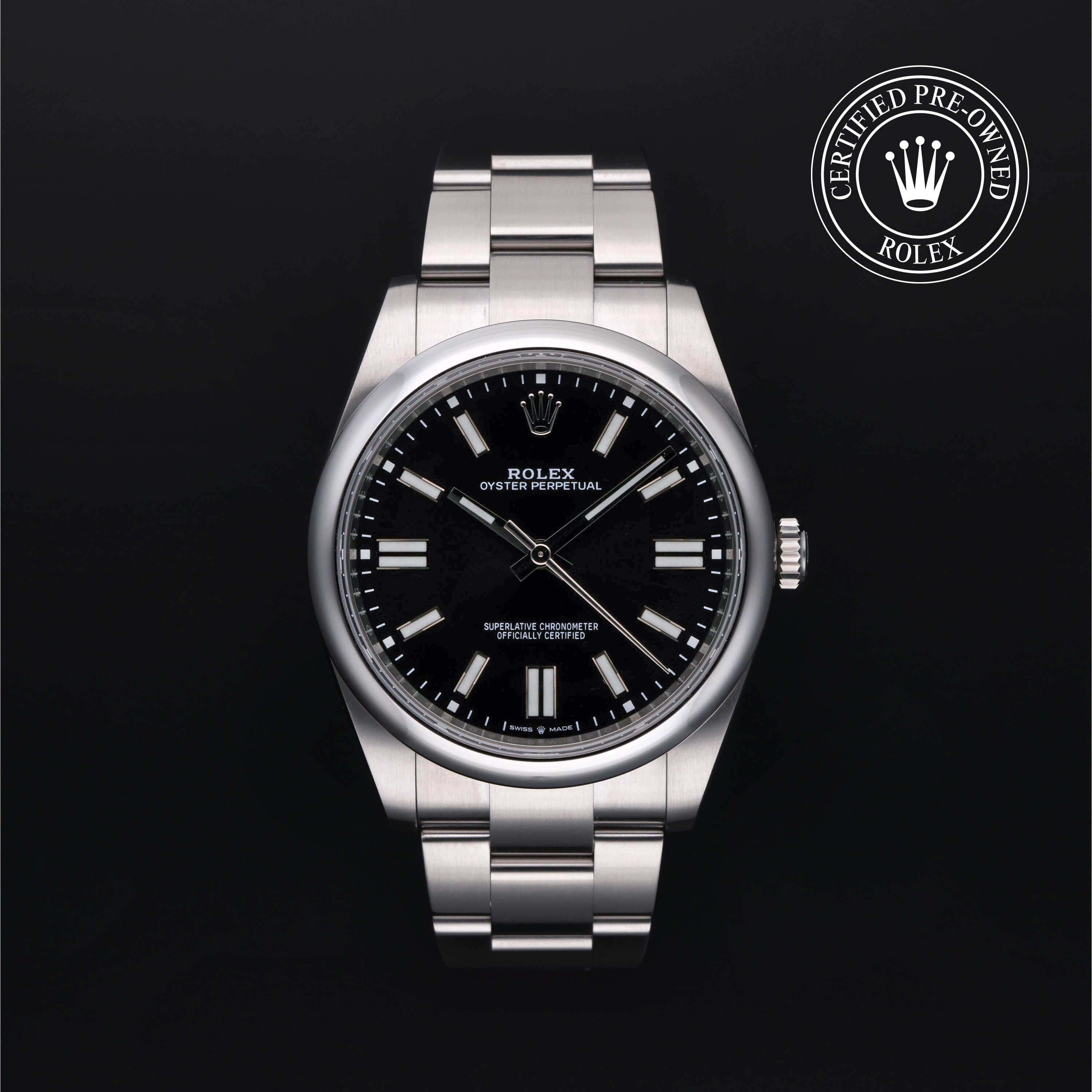 Rolex Certified Pre-Owned Oyster Perpetual in Oyster, 41 mm, Stainless Steel 124300 watch available at Long's Jewelers.