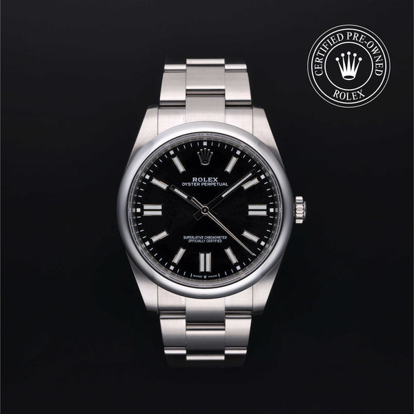 Rolex Certified Pre-Owned Oyster Perpetual in Oyster, 41 mm, Stainless Steel 124300 watch available at Long's Jewelers.