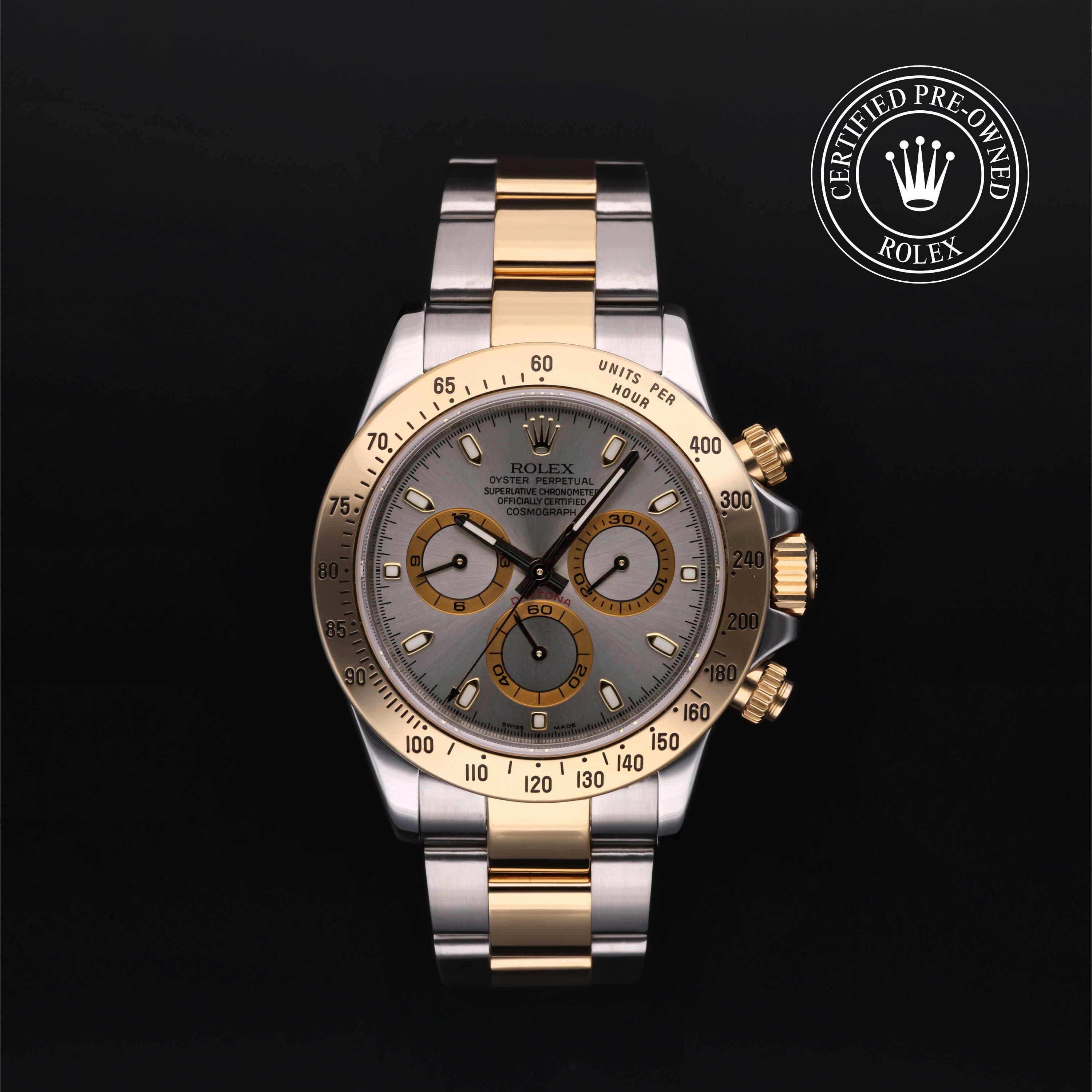 Rolex Certified Pre-Owned Cosmograph Daytona in Oyster, 40 mm, Stainless Steel and yellow gold 116523 watch available at Long's Jewelers.