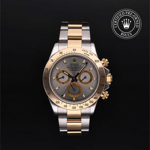 Rolex Certified Pre-Owned Cosmograph Daytona in Oyster, 40 mm, Stainless Steel and yellow gold 116523 watch available at Long's Jewelers.