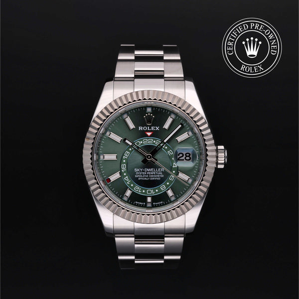 Rolex Certified Pre-Owned Sky-Dweller in Oyster, 42 mm, Stainless Steel and white gold 336934 watch available at Long's Jewelers.