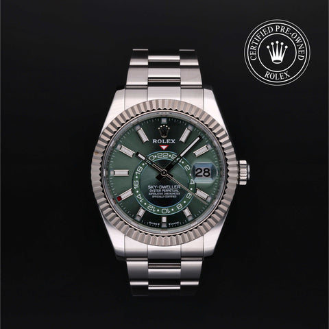 Rolex Certified Pre-Owned Sky-Dweller in Oyster, 42 mm, Stainless Steel and white gold 336934 watch available at Long's Jewelers.