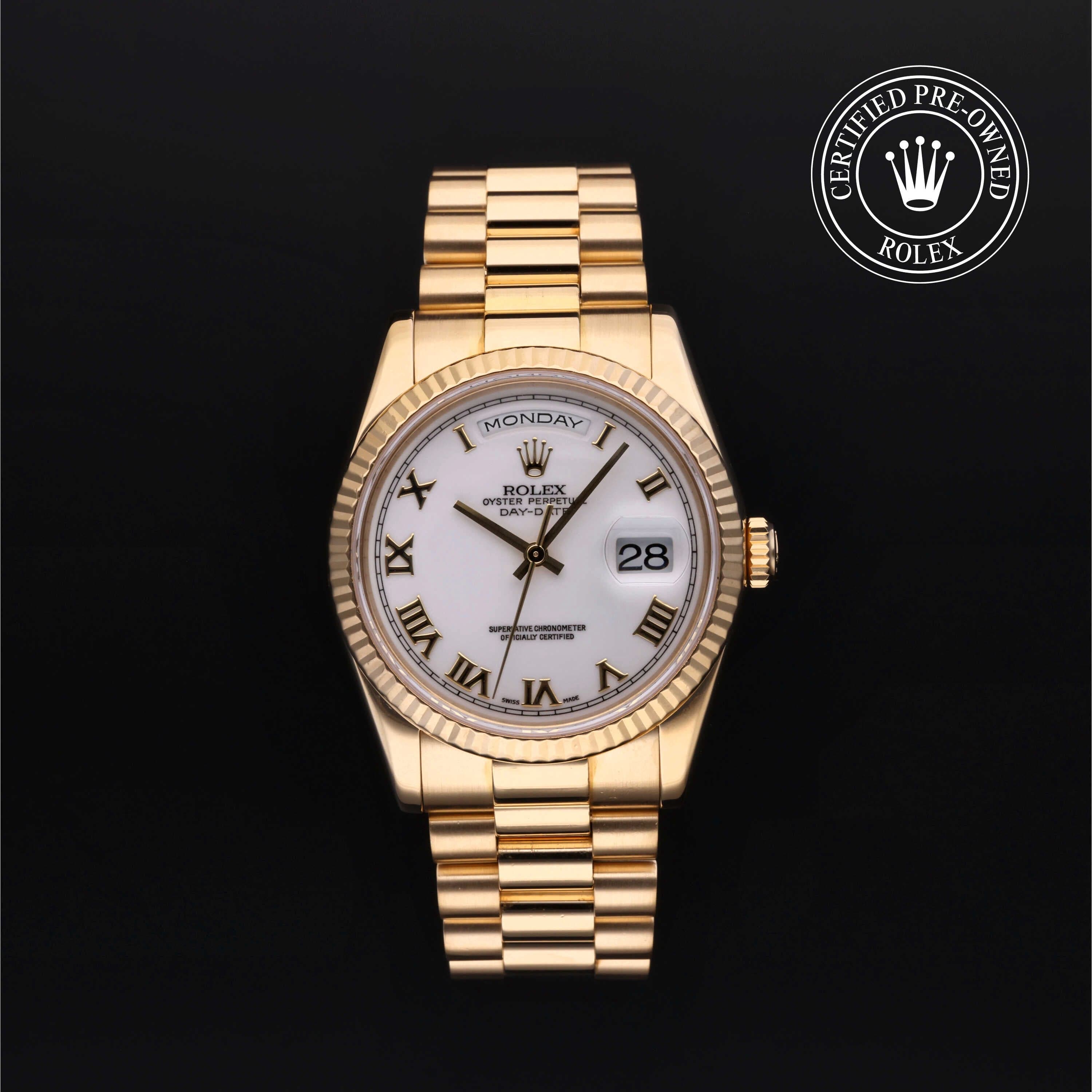 Rolex Certified Pre-Owned Day-Date in President, 36 mm, 18k yellow gold 118238 watch available at Long's Jewelers.