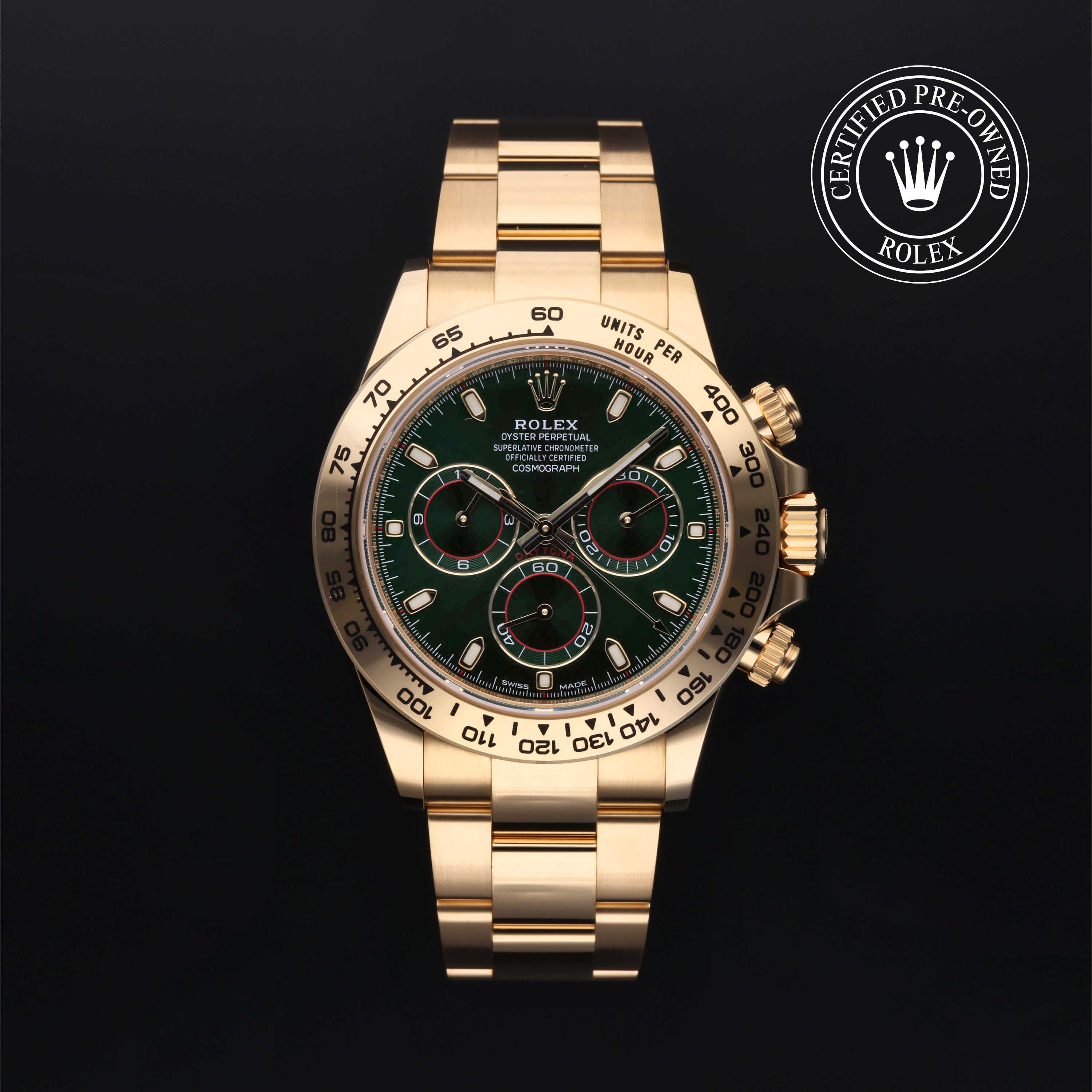 Rolex Certified Pre-Owned Cosmograph Daytona in Oyster, 40 mm, 18k yellow gold 116508 watch available at Long's Jewelers.