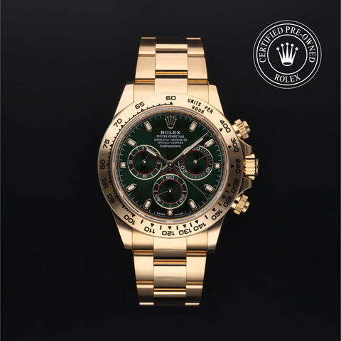 Rolex Certified Pre-Owned Cosmograph Daytona in Oyster, 40 mm, 18k yellow gold 116508 watch available at Long's Jewelers.