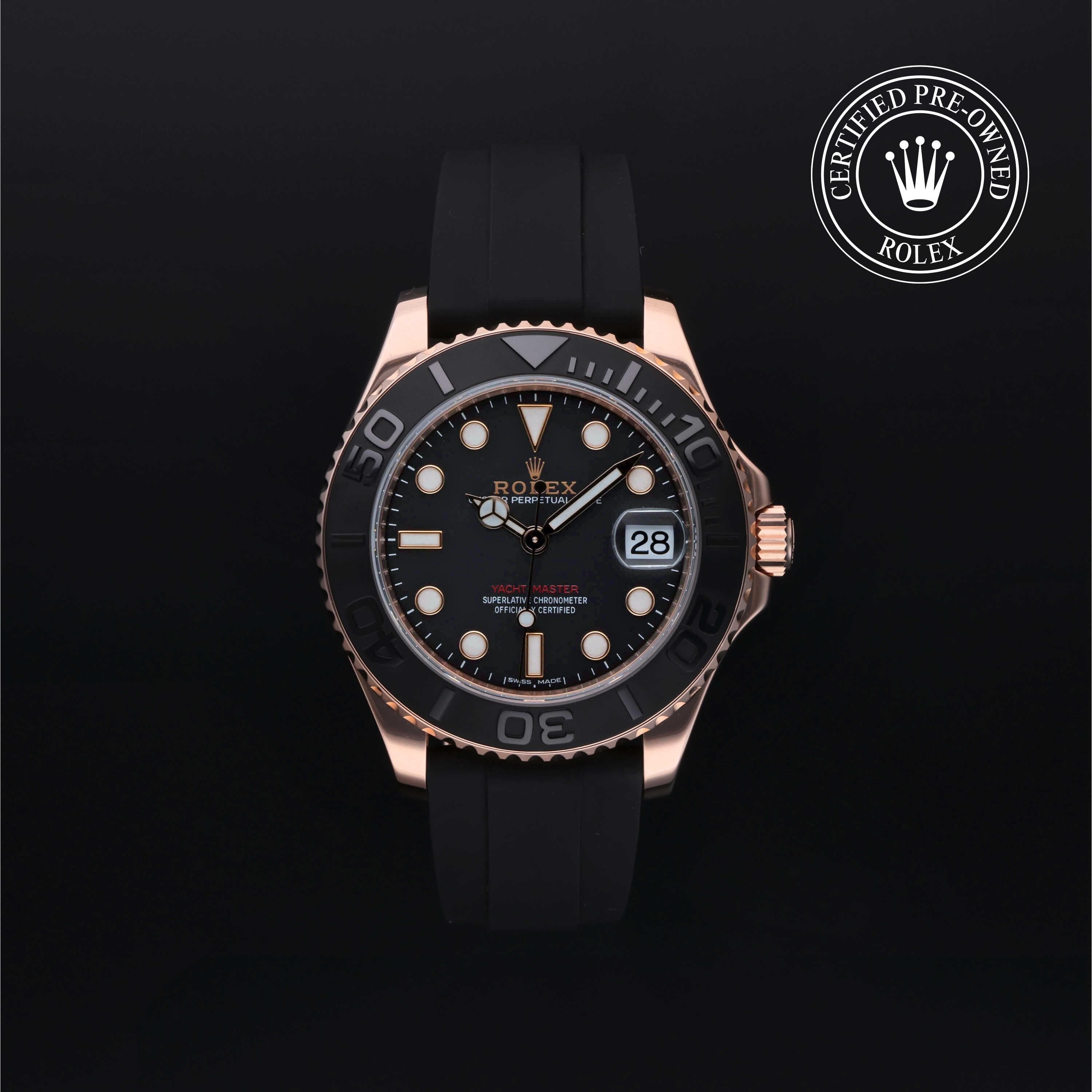 Rolex Certified Pre-Owned Yacht-Master in Oysterflex, 37 mm, 18k rose gold 268655 watch available at Long's Jewelers.
