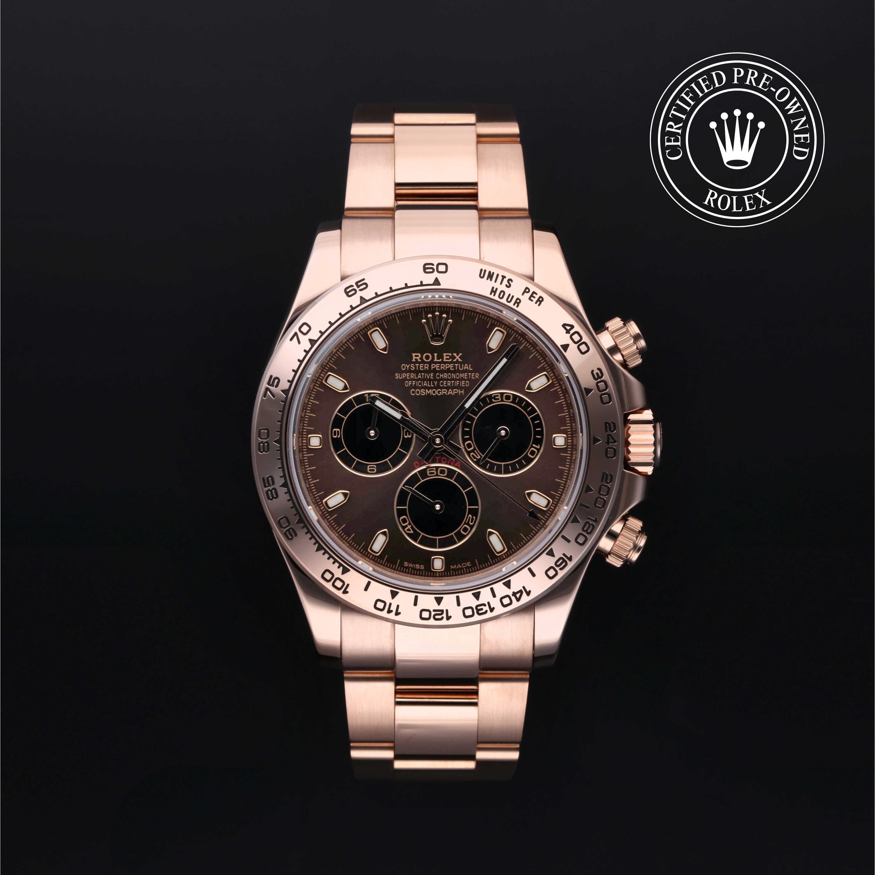 Rolex Certified Pre-Owned Cosmograph Daytona in Oyster, 40 mm, 18k rose gold 116505 watch available at Long's Jewelers.