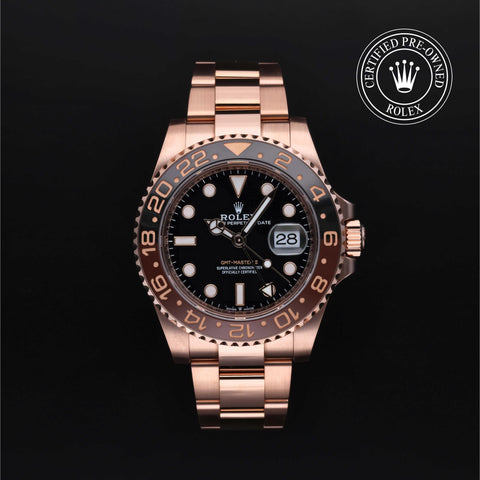 Rolex Certified Pre-Owned GMT-Master II in Oyster, 40 mm, 18K Rose Gold 126715CHNR watch available at Long's Jewelers.