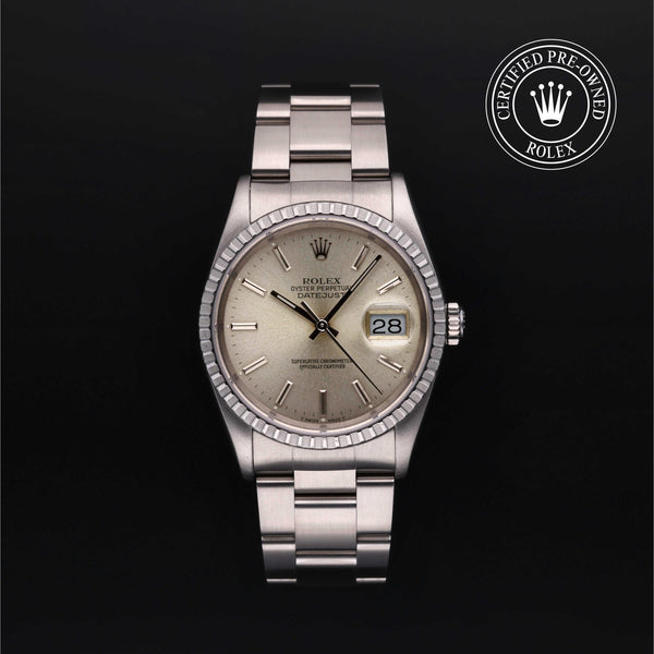 Rolex Certified Pre-Owned Datejust in Oyster, 36 mm, Stainless Steel 16220 watch available at Long's Jewelers.