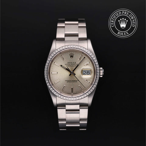 Rolex Certified Pre-Owned Datejust in Oyster, 36 mm, Stainless Steel 16220 watch available at Long's Jewelers.
