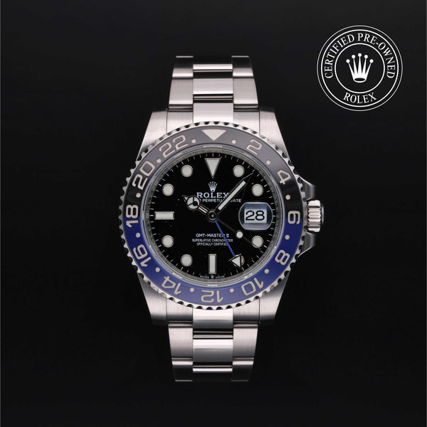 Rolex Certified Pre-Owned GMT Master II in Oyster, 40 mm, Stainless Steel 126710BLNR watch available at Long's Jewelers.