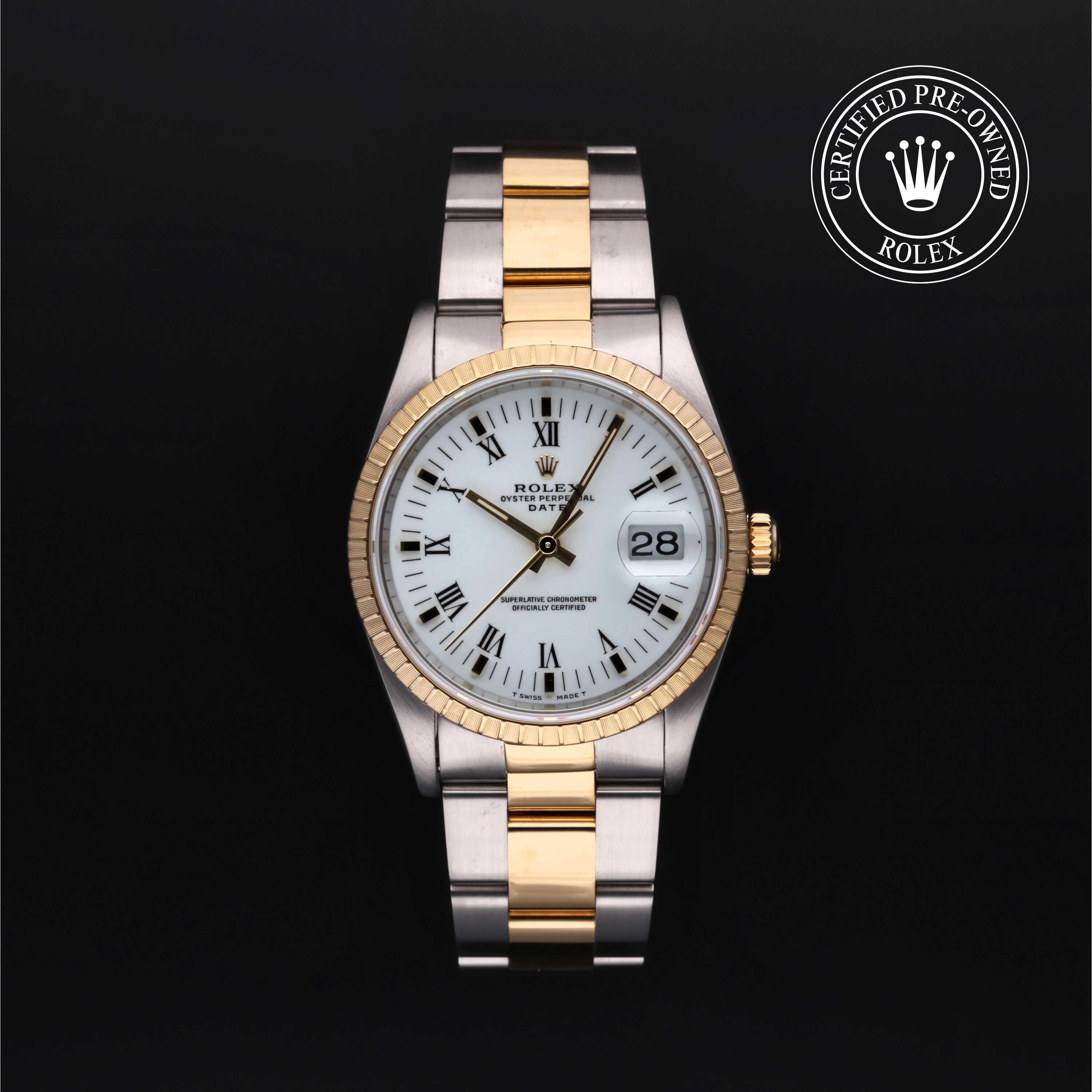 Rolex Certified Pre-Owned Oyster Perpetual in Oyster, 34 mm, Stainless Steel and yellow gold 15223 watch available at Long's Jewelers.